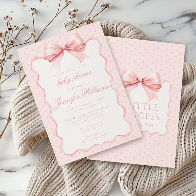 Invitation Cute rose polkadot arc ruban bébé fille douche (Créateur téléchargé)