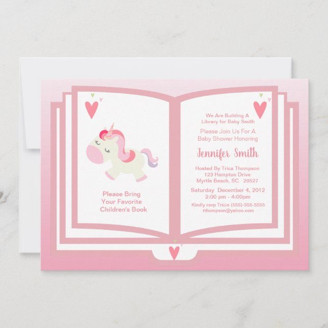 Invitation Cute Rose Unicorn Livre Thème Filles Baby shower (Devant)