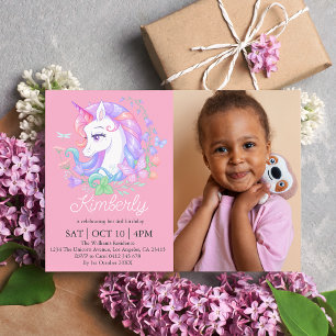 Invitation Cute Rose Unicorn Tous les âges Photo Anniversaire