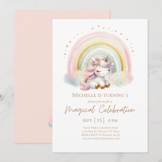 Invitation Cute rose Unicorne avec Rainbow Birthday (Devant / Derrière)