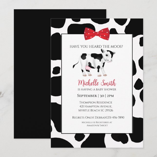 Invitation Cute rouge noir Vache Imprimer Baby shower saint (Devant / Derrière)