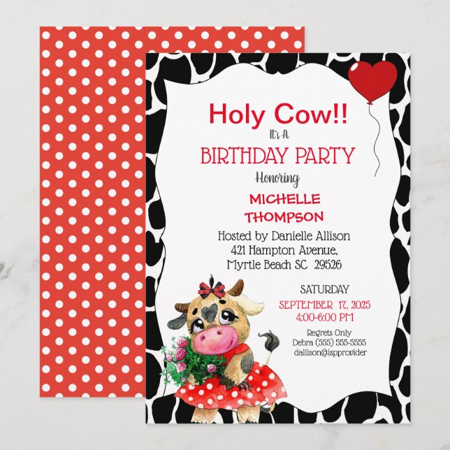 Invitation Cute Rouge Noir Vache Sainte Imprimer Anniversaire (Devant / Derrière)