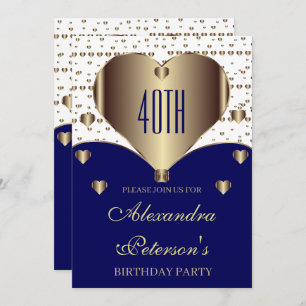 Invitation Cute Royal Bleu Blanc Et Coeurs D'Or Anniversaire