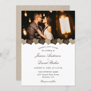 Invitation Cute Rustic Country Burlap Hearts Photo Mariage