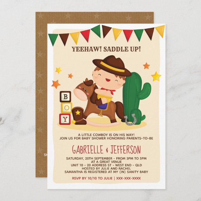 Invitation Cute Rustic Petit Cowboy Baby shower Thème (Devant / Derrière)