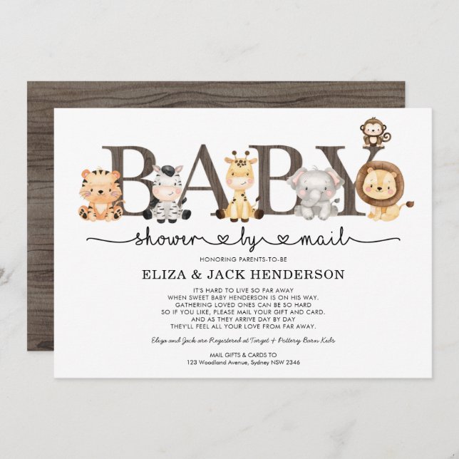 Invitation Cute Rustic Safari Animaux Baby shower Par Mail (Devant / Derrière)