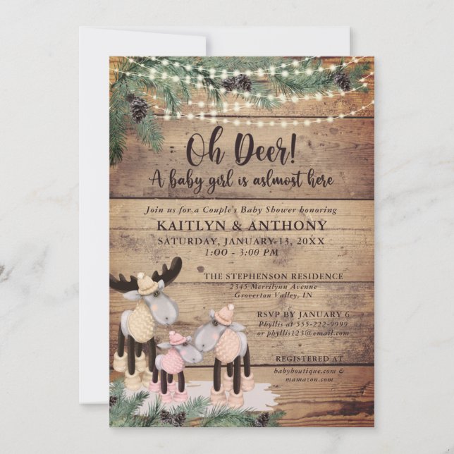 Invitation Cute Rustique hiver Deer Couple bébé fille fille d (Devant)