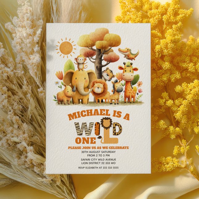 Invitation Cute Safari Animals Jungle WILD ONE 1st Birthday  (Créateur téléchargé)