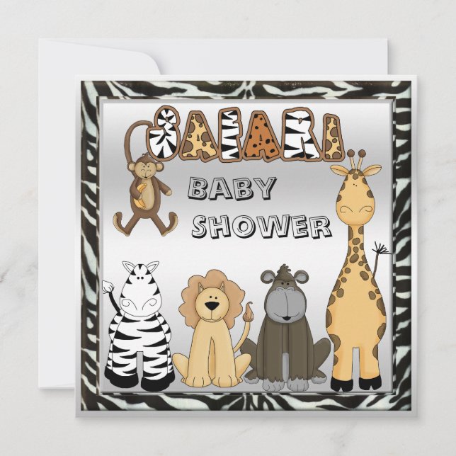 Invitation Cute Safari Animaux Baby shower d'argent neutre (Devant)