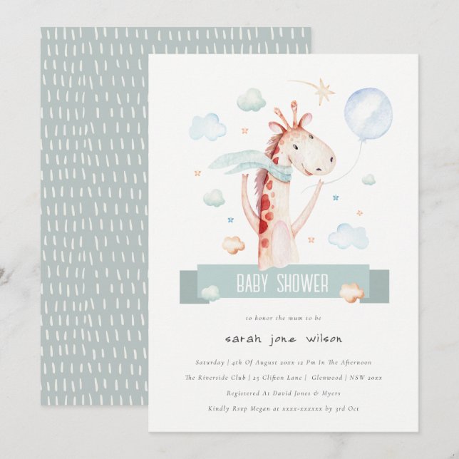 Invitation Cute Safari Giraffe Star Cloud Balloon Baby shower (Devant / Derrière)