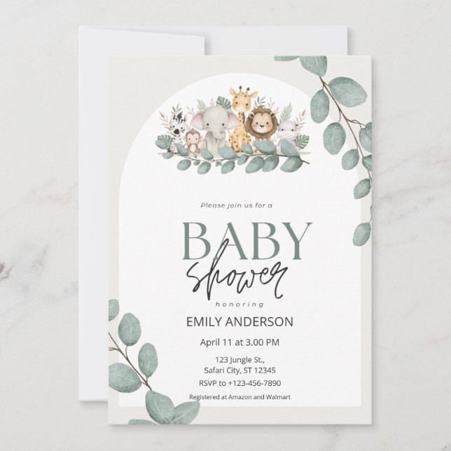 Invitation Cute Safari Jungle Animals Eucalyptus Leaves (Devant)