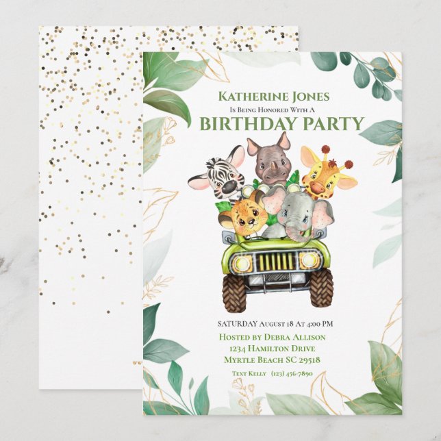 Invitation Cute Safari Jungle Animaux Anniversaire (Devant / Derrière)