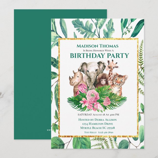 Invitation Cute Safari Jungle Animaux fête d'anniversaire Inv (Devant / Derrière)