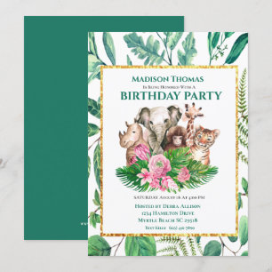Invitation Cute Safari Jungle Animaux fête d'anniversaire Inv