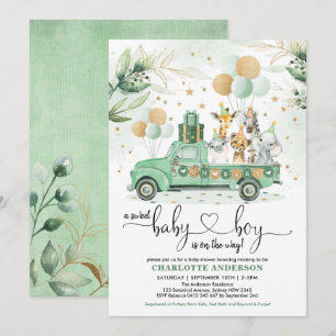 Invitation Cute Safari Jungle Vert Animaux sauvages Bébé Garç