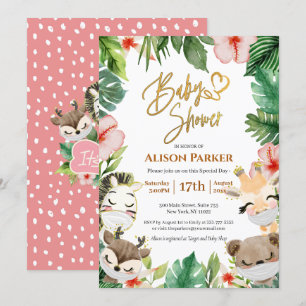 Invitation Cute Safari Rose Floral Vert Bébé Fille Douche