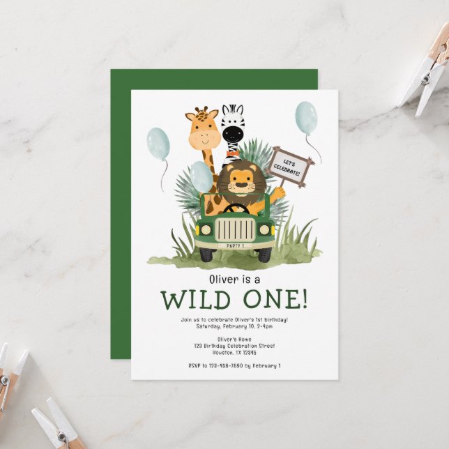 Invitation Cute Safari Wild One 1er Anniversaire Fête Invitat (Devant/Arrière en situation)