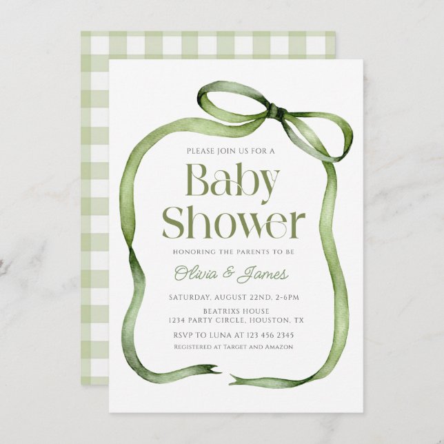 Invitation Cute sauge vert Bow En vichy Baby shower Invitatio (Devant / Derrière)