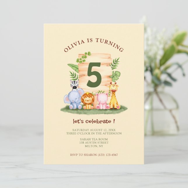 Invitation Cute savannah animaux anniversaire de enfant (Debout devant)