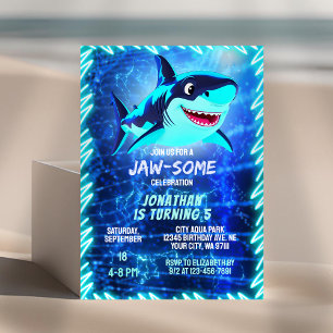 Invitation Cute Shark Neon Glow Blue Pool Party Boys Annivers