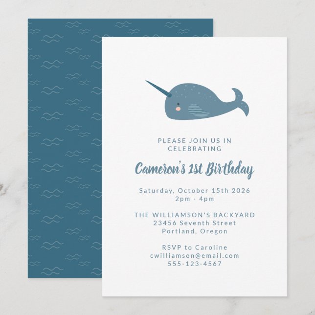 Invitation Cute Simple Narwhal Océan Bleu 1er anniversaire fê (Devant / Derrière)
