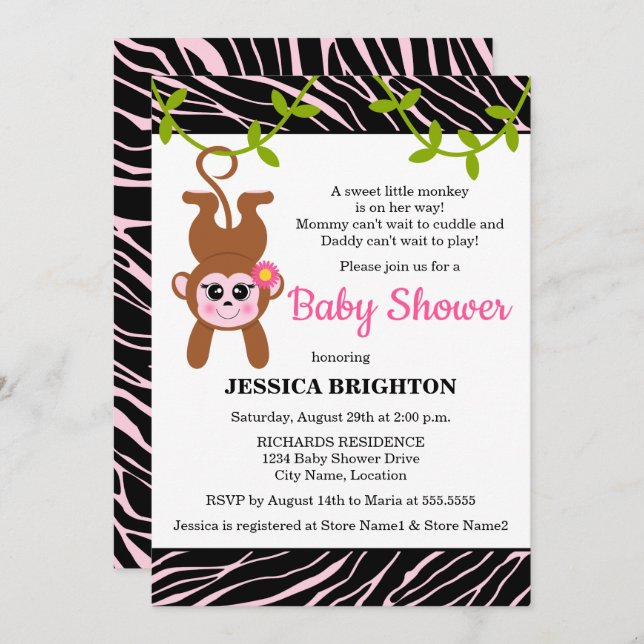 Invitation Cute singe Zebra Stripes Baby shower (Devant / Derrière)