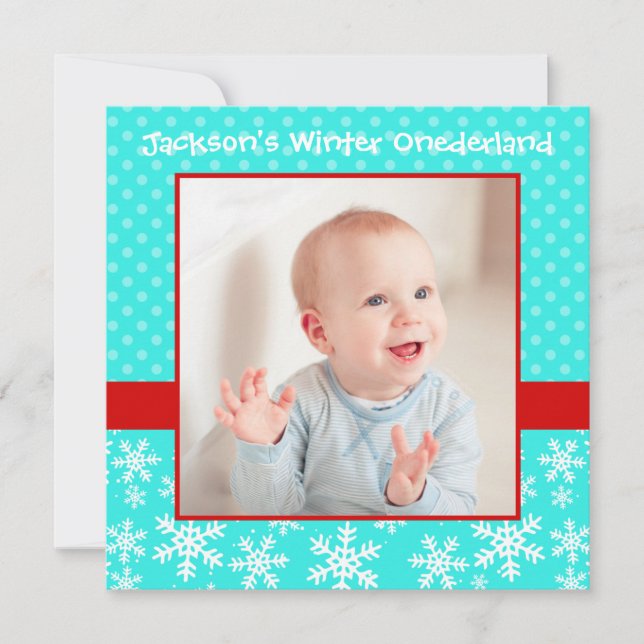 Invitation Cute Snowflakes Winter Onederland Photo Turquoise  (Devant)