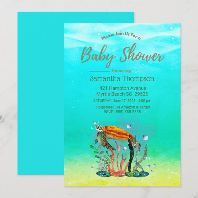 Invitation Cute sous-marine Baby shower de tortue de mer Invi (Devant / Derrière)