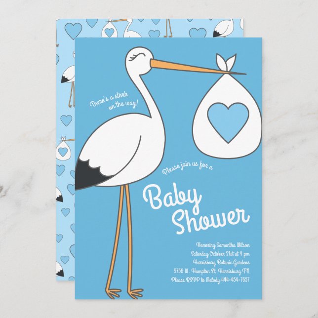 Invitation Cute Stork Baby shower Mod Blue Boy (Devant / Derrière)
