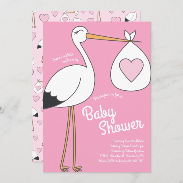 Invitation Cute Stork Baby shower Rose fille (Devant / Derrière)