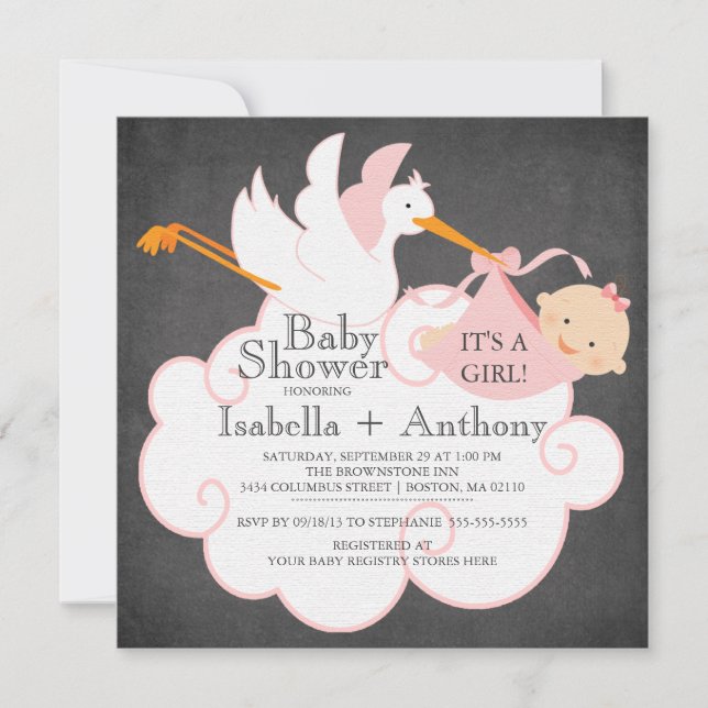 Invitation Cute Stork Chalkboard Gir Baby Douche (Devant)