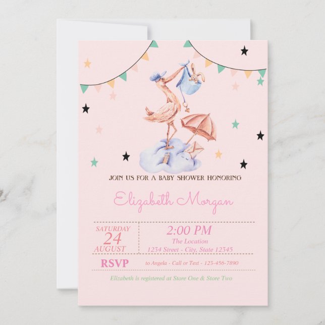 Invitation Cute Stork Petit Lapin Baby shower (Devant)
