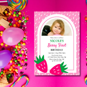 Invitation Cute Strawberry Girl Photo 1er anniversaire