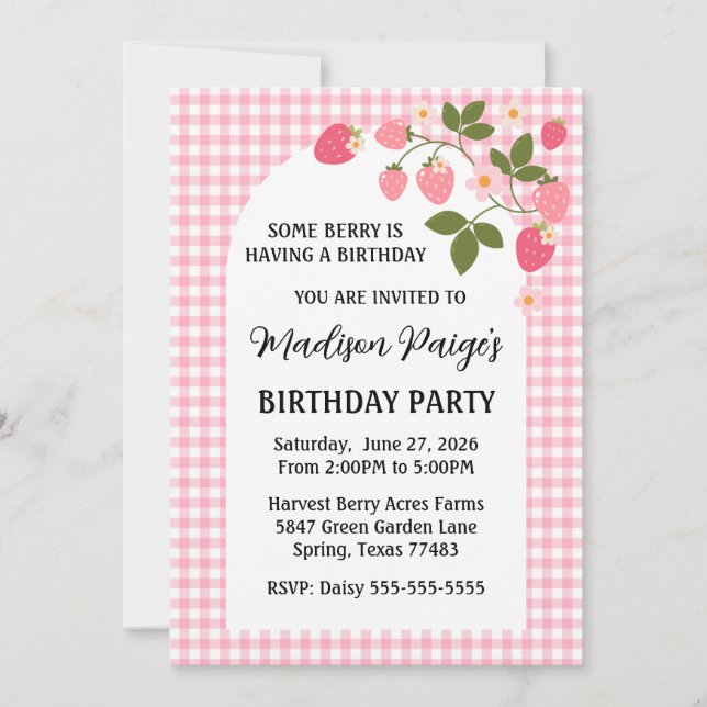 Invitation Cute Strawberry Pink Gingham Girls Birthday  (Devant)
