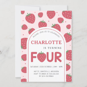 Invitation Cute sucrée fraise 4e anniversaire fête rose