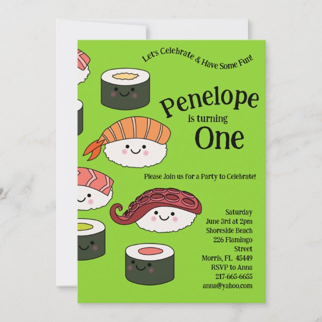 Invitation Cute Sushi Enfants 1er anniversaire fête Kawaii (Devant)