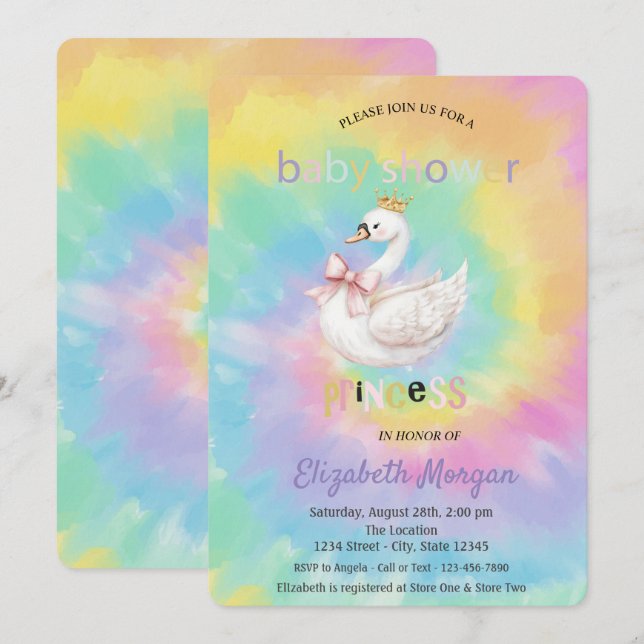 Invitation Cute Swan Crown Bow Tie Dye Baby Shower  (Devant / Derrière)