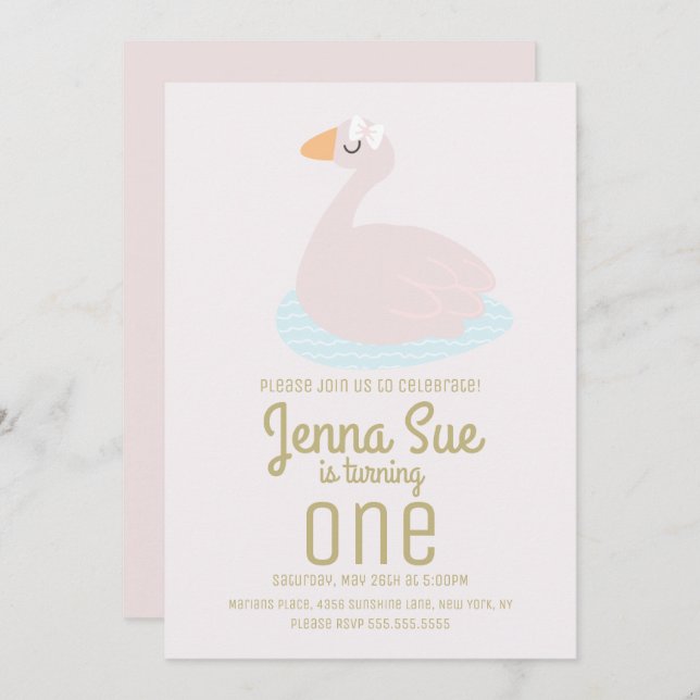 Invitation Cute Swan Rose Bow Girls Anniversaire (Devant / Derrière)