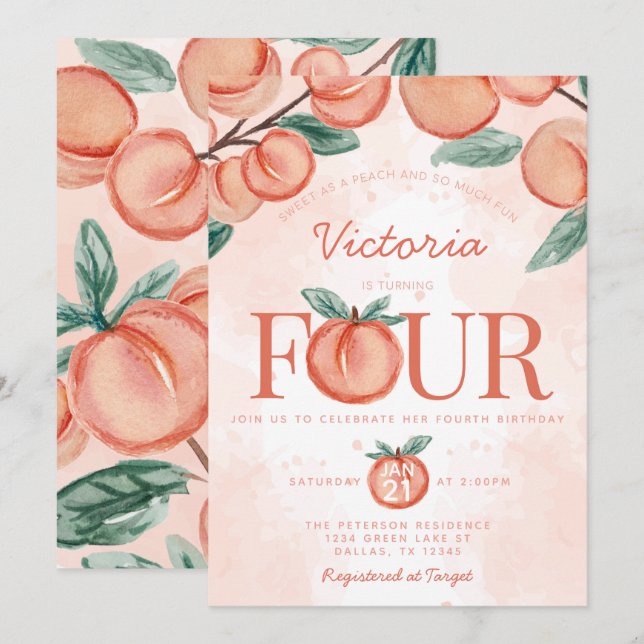 Invitation Cute Sweet Peach tournant QUATRE fête d'anniversai (Devant / Derrière)