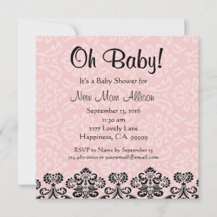 Invitation Cute Taupe Damask PINK Girl Baby shower V03
