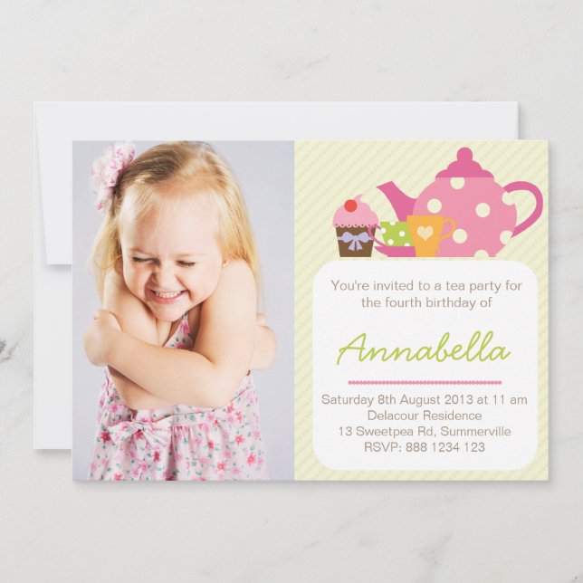 Invitation Cute Tea Party Enfants Photo Anniversaire Invitati (Devant)