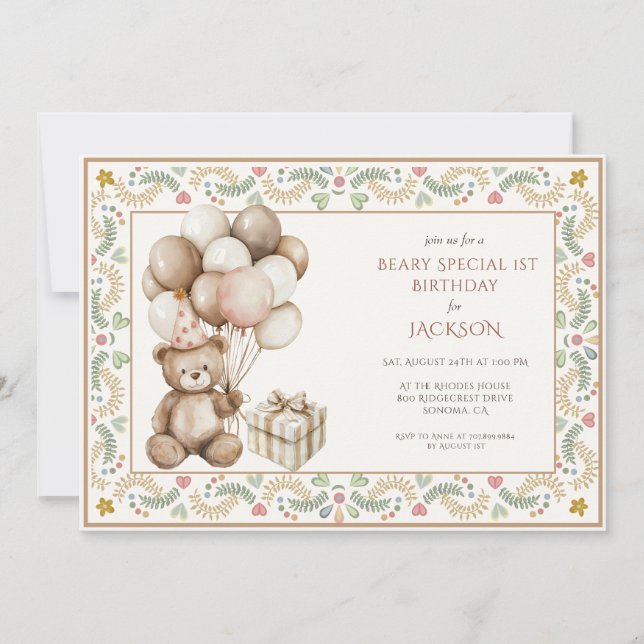 Invitation Cute Teddy Bear 1er anniversaire (Devant)