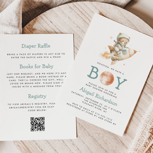 Invitation Cute Teddy Bear Astronaut QR Code Boy Baby Shower (Créateur téléchargé)