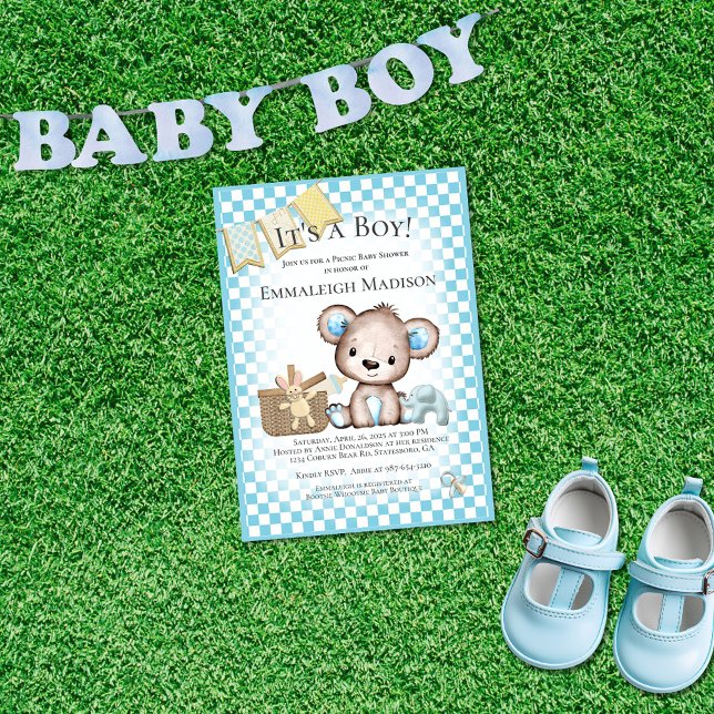 Invitation Cute Teddy Bear Baby Pique-nique Baby shower bleu (Créateur téléchargé)