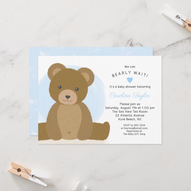 Invitation Cute Teddy Bear Bleu Baby shower de garçon Coeur (Devant/Arrière en situation)