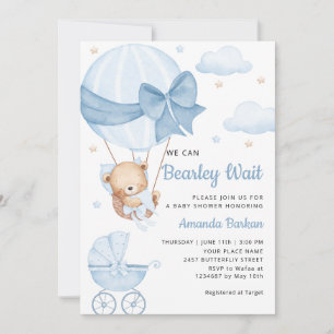 Invitation Cute Teddy Bear Boy Blue Bearly Wait Baby shower