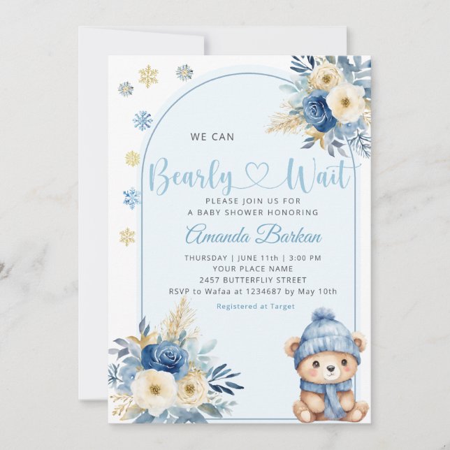 Invitation Cute Teddy Bear Boy Blue Bearly Wait Baby shower (Devant)