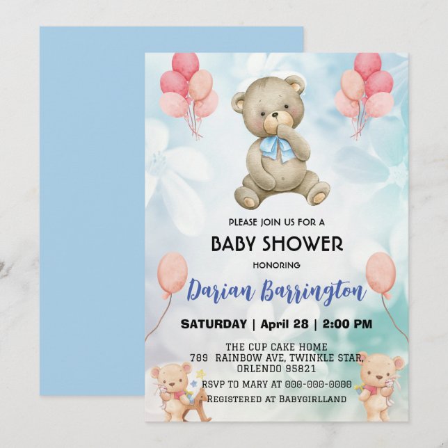 Invitation Cute teddy Bear bulle de fleur bébé garçon douche (Devant / Derrière)