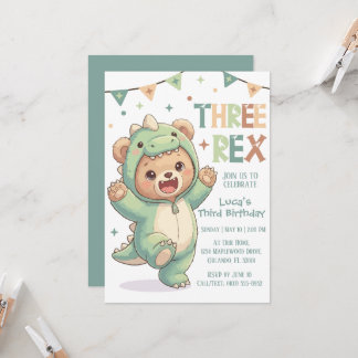 Invitation Cute Teddy Bear Dinosaur | 3rd Dino Birthday Party