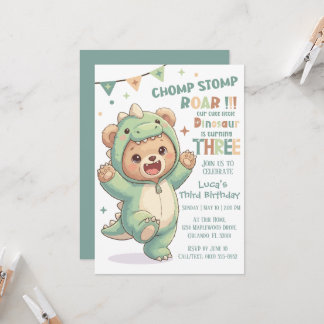 Invitation Cute Teddy Bear Dinosaur | Third Dinosaur Birthday